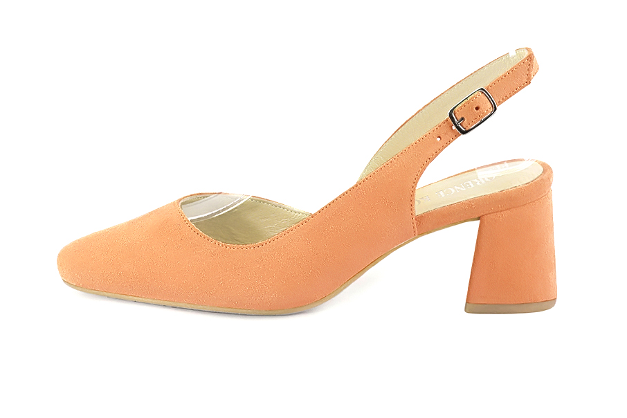 Dress slingback heels in marigold orange leather with medium flare heels and round toe - Profile view